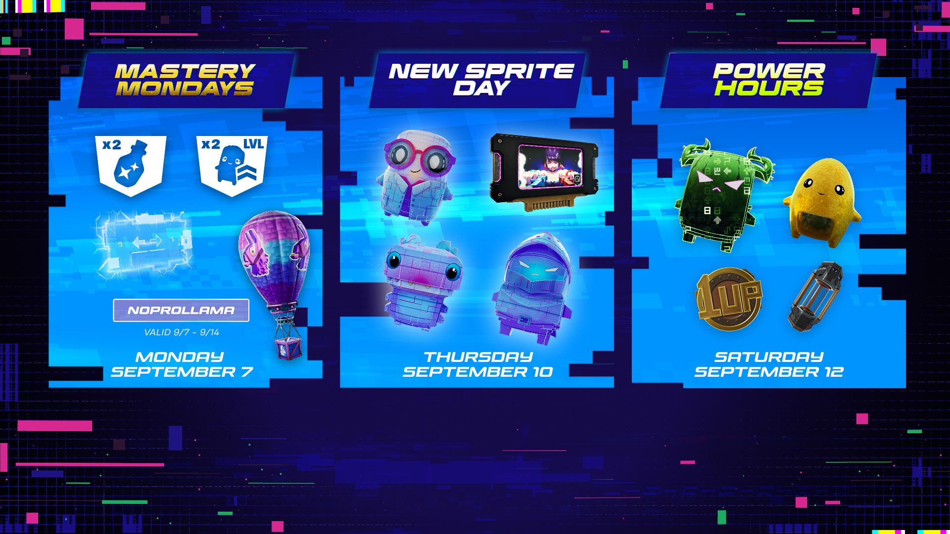 Fortnite Power Hour Event-Grafik mit Skins und Sprite-Icons in Chapter 7 Season 4