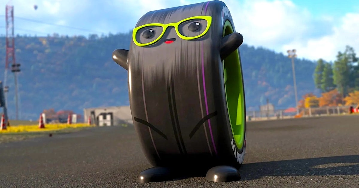 Forza Horizon 6 mascot poses in front of a tire, scene from the game