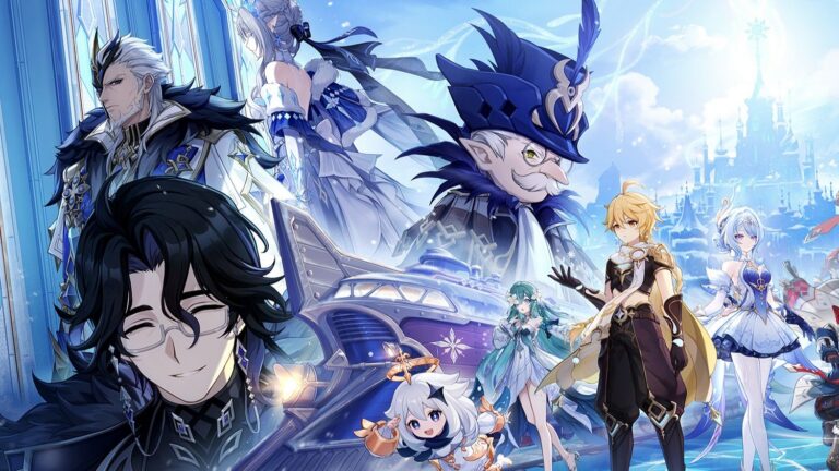 Key-Art zu Genshin Impact Version 7.1 mit mehreren Charakteren vor der schneebedeckten Kulisse von Snezhnaya