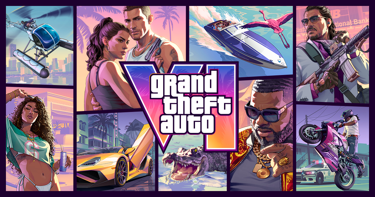 Offizielles Schlüsselbild zu Grand Theft Auto 6 von Rockstar Games mit den Hauptfiguren Lucia und Jason vor der Kulisse von Vice City