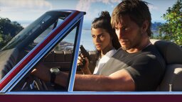 Jason und Lucia sitzen gemeinsam im Auto in einer Szene aus GTA 6