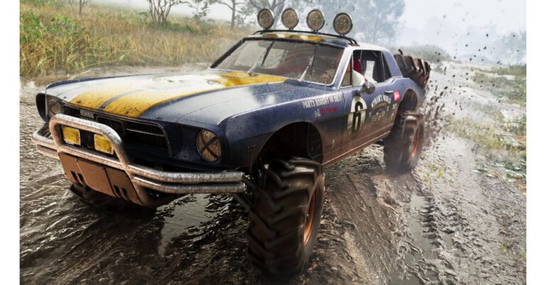 Ein verschlammter Geländewagen mit großen Reifen fährt durch tiefen Matsch in GTA 6