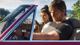 Die GTA-6-Protagonisten Lucia und Jason sitzen bewaffnet in einem offenen Cabrio
