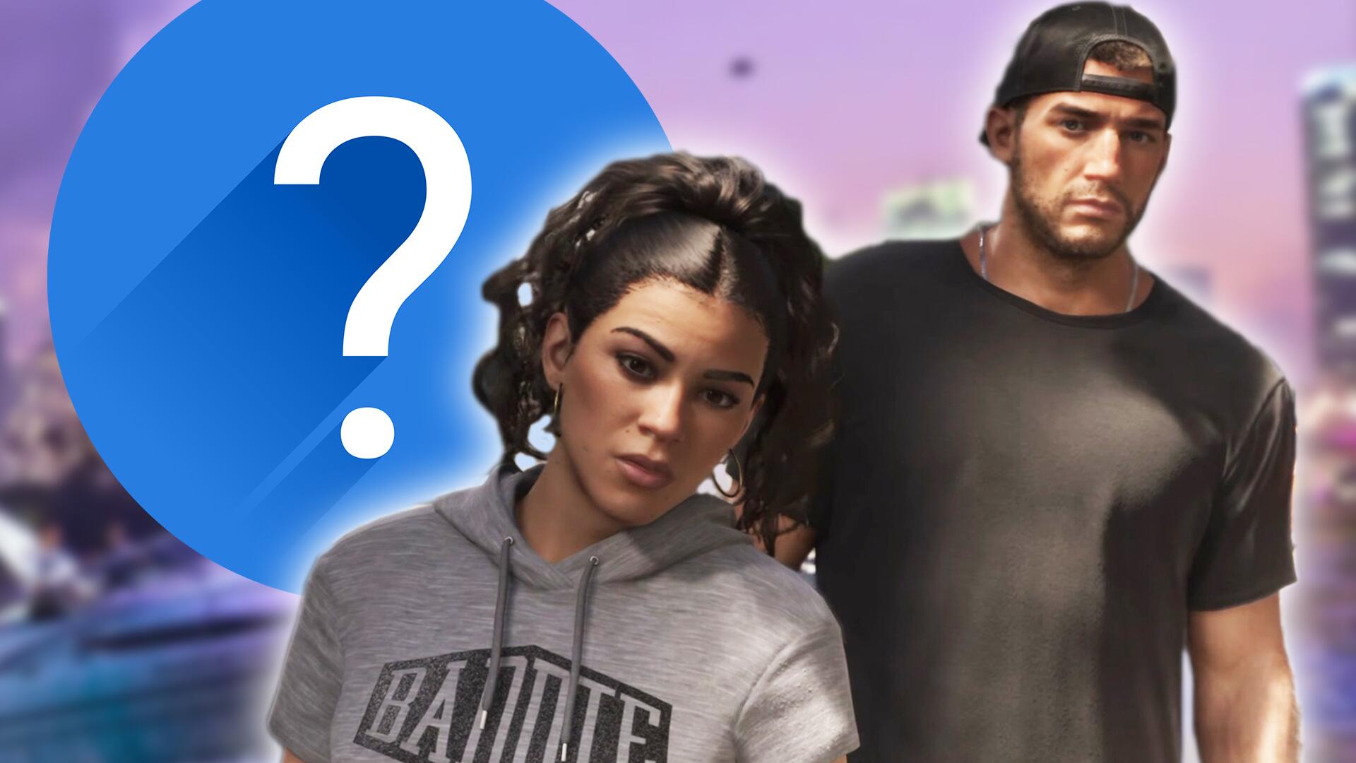 Die spielbaren GTA-6-Charaktere Jason und Lucia vor der Skyline von Vice City