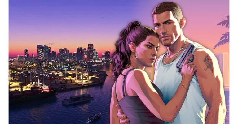 Official Rockstar artwork for GTA 6 with protagonists Jason and Lucia in front of a sunset skyline, symbolic image for the Liberty City rumor