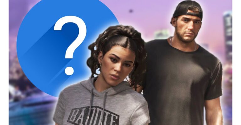 Illustration of Lucia and Jason, the two playable main characters from GTA 6, in front of the Vice City skyline
