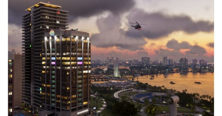 Screenshot from GTA 6 showing a building in Vice City that fans interpret as a possible Vercetti mansion