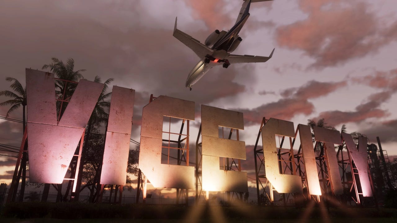 Illustration eines Flugzeugs im Landeanflug über einem großen Vice-City-Schild bei Sonnenuntergang