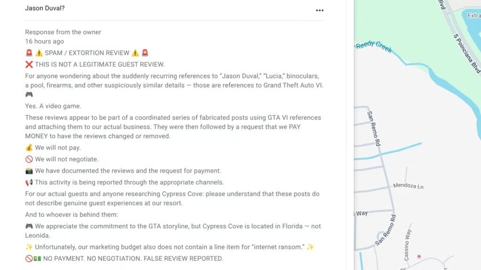 Antwort des Resort-Betreibers auf eine gefälschte Google-Bewertung mit Bezug zu GTA 6