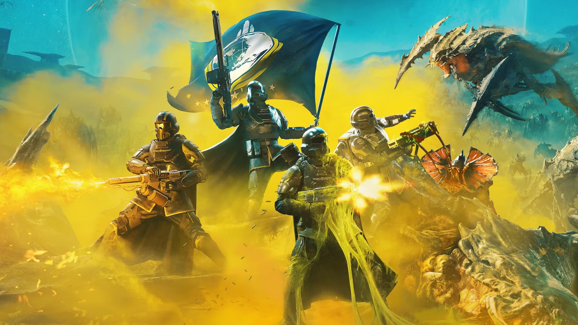 Key Art zu Helldivers 2 mit mehreren bewaffneten Helldivers im Kampf gegen ein riesiges Insektenwesen