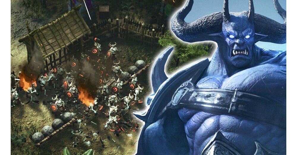 Wikinger-Krieger kaempfen gegen ein Daemonenwesen und eine Horde von Gegnern in Hordeguard: Winds of the North