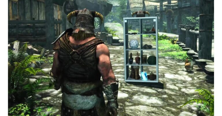 Skyrim-Charakter steht neben einem IKEA-Kallax-Regal in der Mod Kallax Storageborn