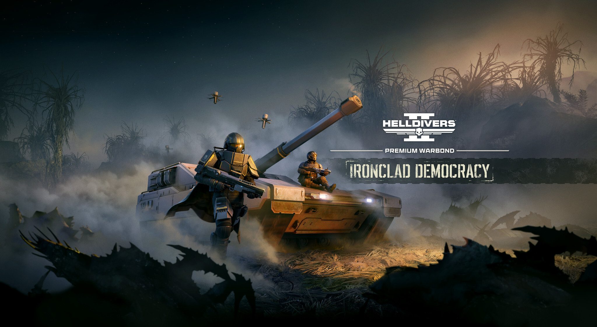 Offizielles Key-Art-Bild zum neuen Warbond Ironclad Democracy für Helldivers 2 mit Helldiver und Panzer im Nebel