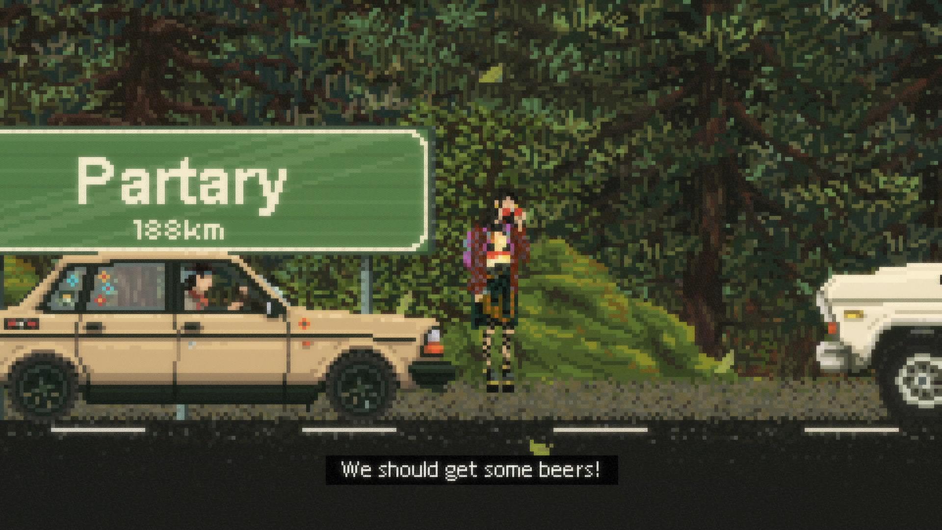 Pixel-Art-Szene aus Keep Driving: Ein Auto hält am Straßenrand, eine Anhalterin steht neben einem Wegweiser nach Partary
