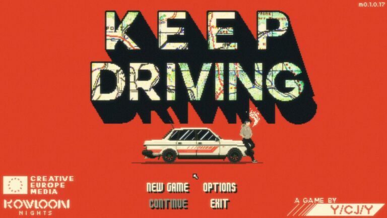 Title screen of Keep Driving with stylized pixel art lettering and a smoking character next to an old car