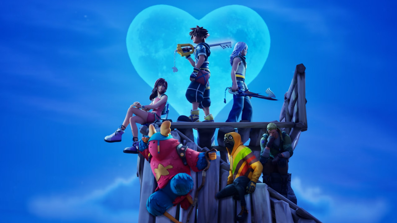 Im Fortnite-Trailer nachgestelltes Kingdom-Hearts-Boxart-Motiv mit Sora, Riku, Kairi und Fortnite-Charakteren auf einer Spielerbasis