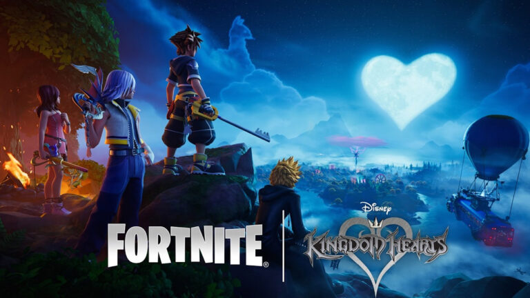 Official Key Art for the Fortnite x Kingdom Hearts Crossover featuring Sora, Riku, Kairi, and Roxas in front of a heart-shaped moon