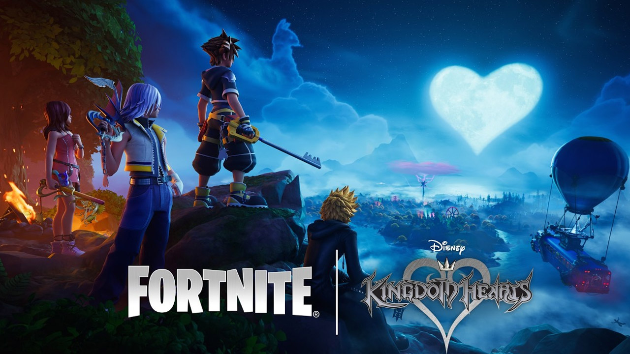 Offizielles Key Art zum Fortnite-x-Kingdom-Hearts-Crossover mit Sora, Riku, Kairi und Roxas vor einem herzförmigen Mond