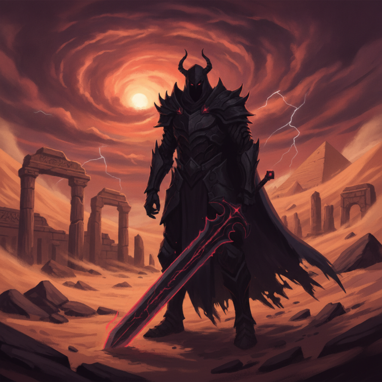 Stylized AI illustration of a dark ruler figure in front of desert ruins under an orange sky