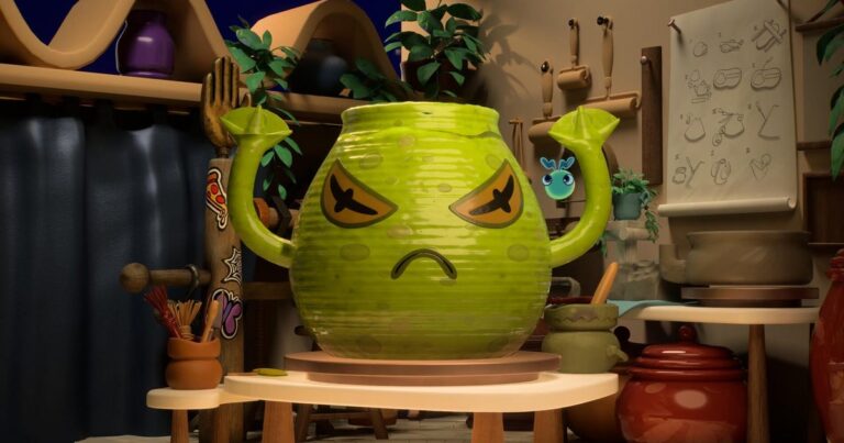 An angry-looking animated clay pot character from the Double Fine game Kiln stands on a potter's wheel