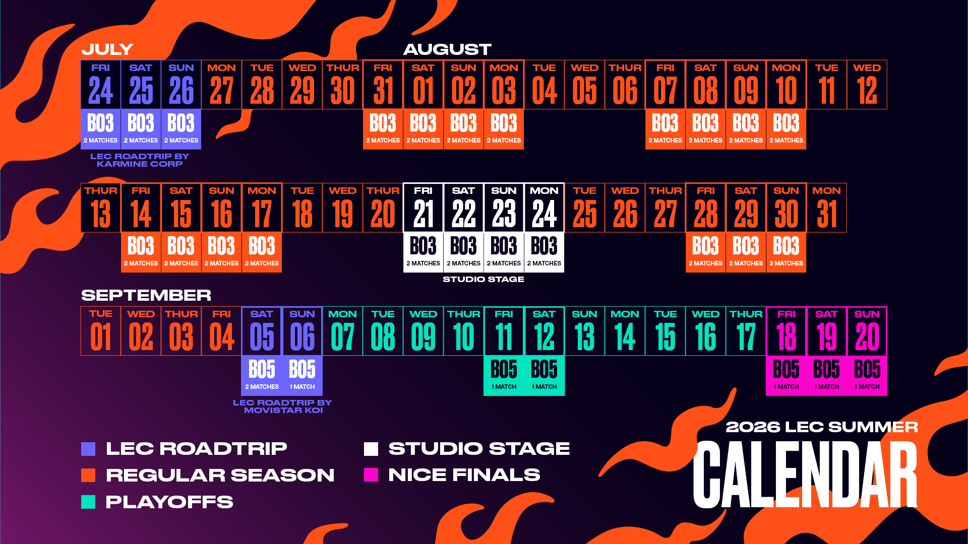Offizieller LEC-Summer-2026-Kalender mit den Nice Finals vom 18. bis 20. September, an denen auch das Lower Bracket Final zwischen Movistar KOI und Karmine Corp stattfand