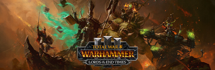 Header artwork for the Total War: WARHAMMER III – Lords of the End Times DLC featuring the four new Legendary Lords