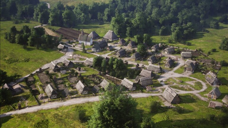 Luftaufnahme eines mittelalterlichen Dorfes in Manor Lords mit Fachwerkhaeusern und Feldern