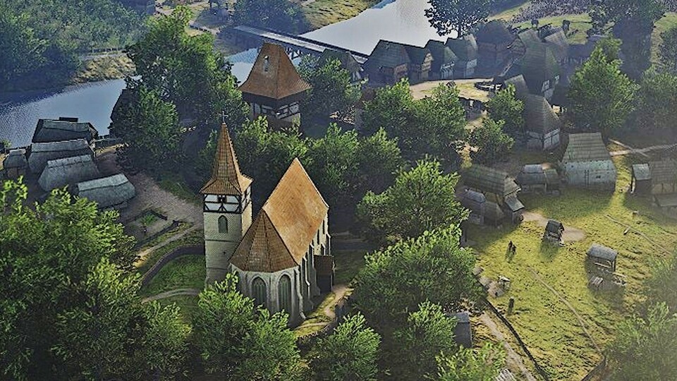 Manor-Lords-Siedlung an einem Fluss mit Kirche, passend zur neuen Wide-Valley-Karte