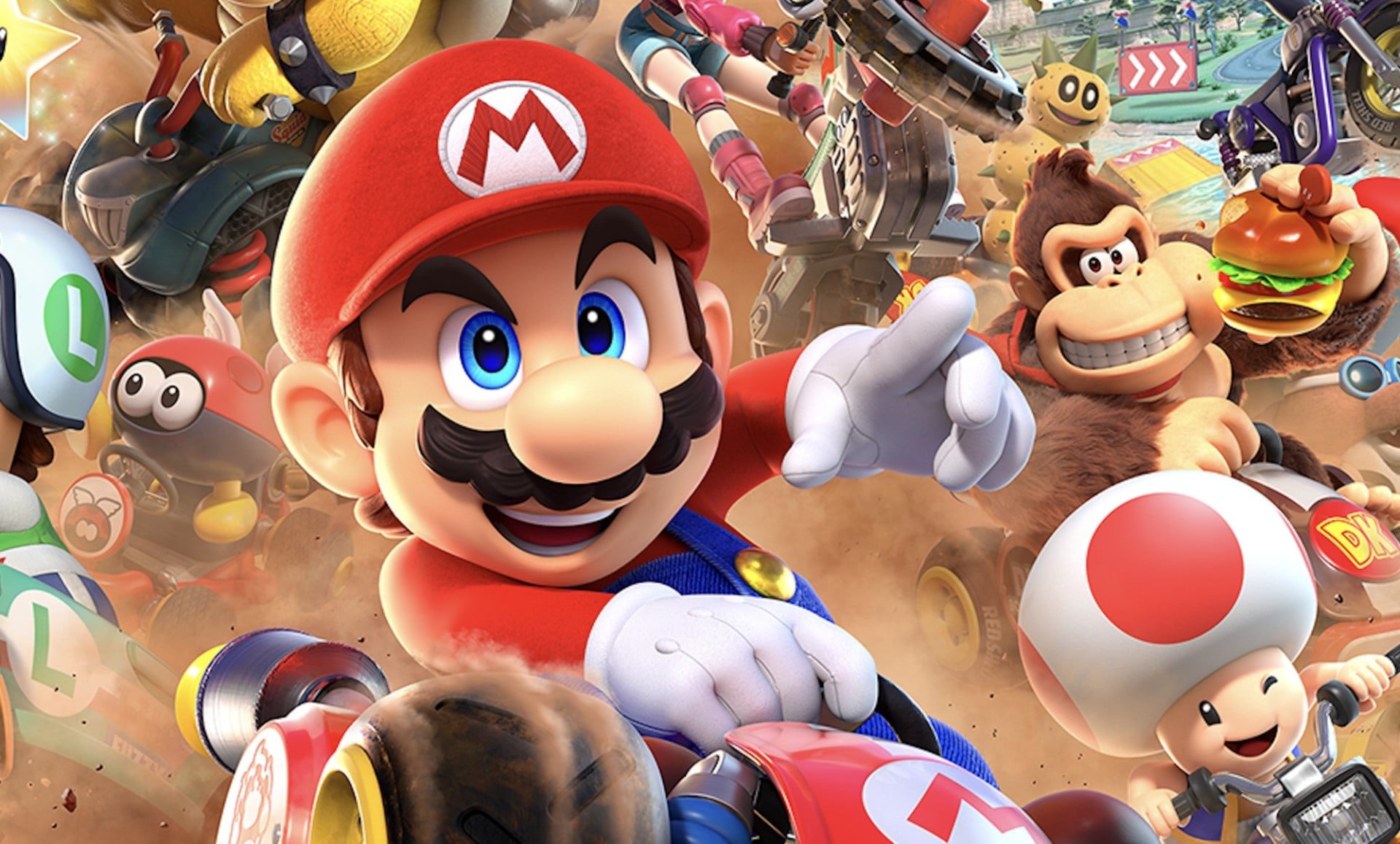 Offizielle Grafik zu Mario Kart World mit Fahrzeugen auf einer der Strecken