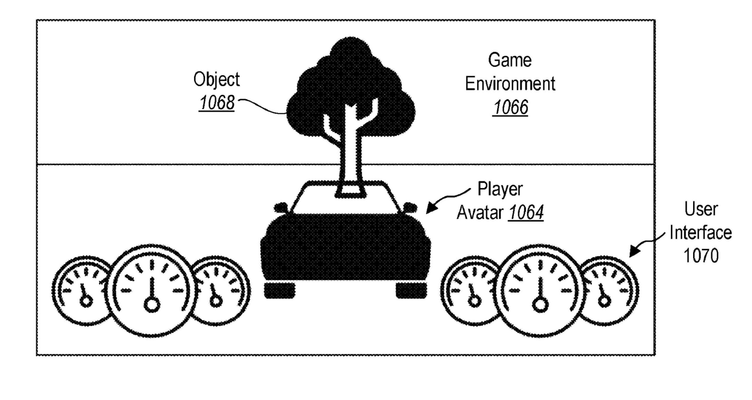 Patentzeichnung von Microsoft mit Spielumgebung, Spieler-Avatar und Nutzeroberfläche zur Darstellung eines Trigger Events
