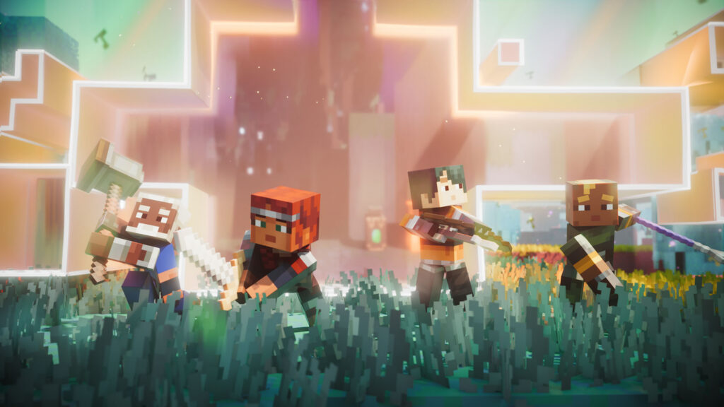 Four Minecraft Dungeons II heroes fight their way through tall grass in a luminous biome of The Sift dimension