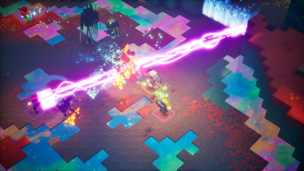 Combat scene in the new dimension The Sift from Minecraft Dungeons II with a pink energy beam and colorful, crystal-like floor tiles