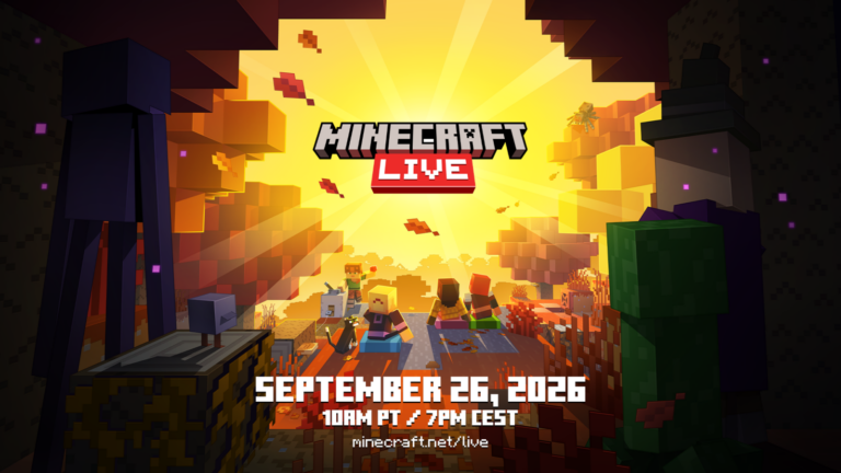 Official announcement key art for Minecraft LIVE 2026 featuring stylized Minecraft characters