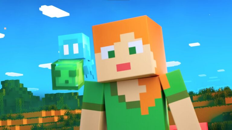 Minecraft-Charakter Alex mit Schneegolem und Slime im Hintergrund einer grünen Spiellandschaft