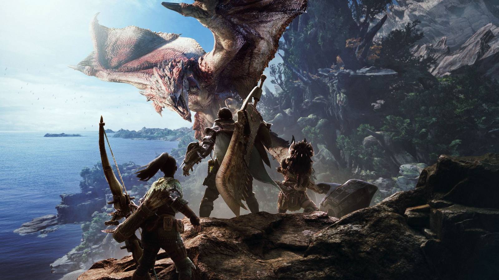 Key-Art von Monster Hunter World: drei Jäger stehen einem gewaltigen Drachen gegenüber