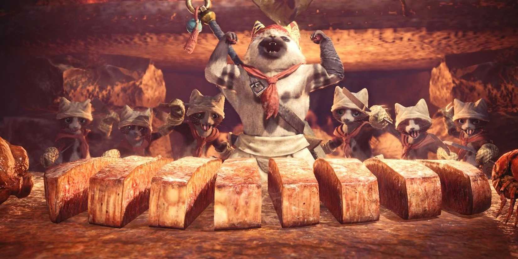 Palicos bereiten in Monster Hunter World Fleisch am Lagerfeuer zu