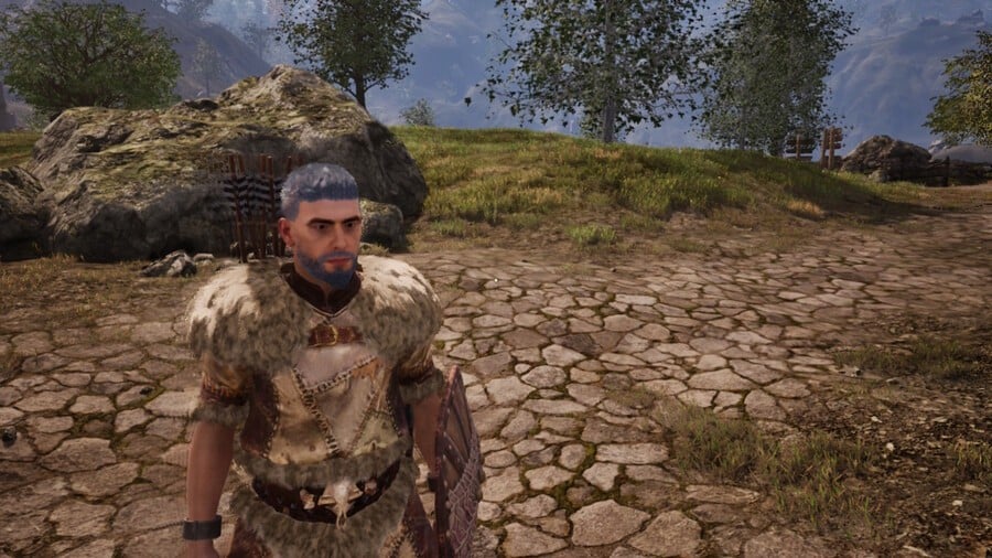 Screenshot aus Oblivion Remastered: Ein Charakter in Fellrüstung steht auf einem Feldweg vor grüner Landschaft