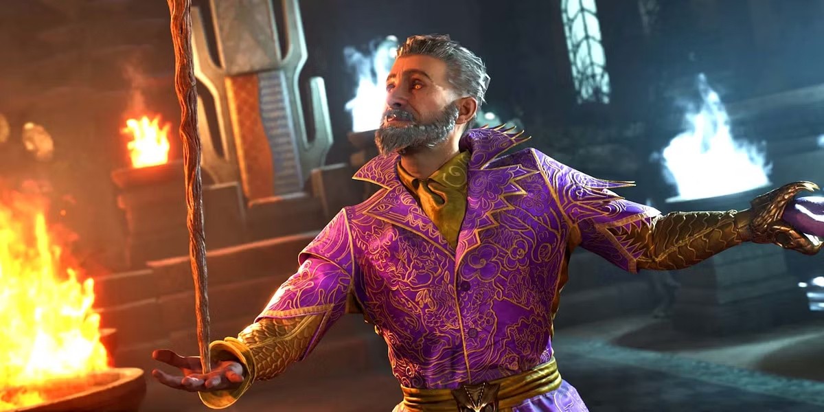 Screenshot aus Oblivion Remastered: Ein Zauberer in violett-goldener Robe wirkt einen Zauber vor brennenden Kesseln