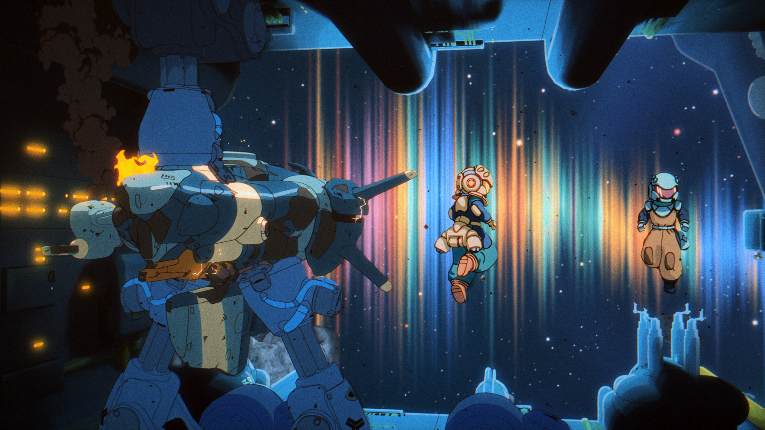 Umgebungsszene aus Orbitals mit stilisierter Anime-Grafik in einer futuristischen Raumstation