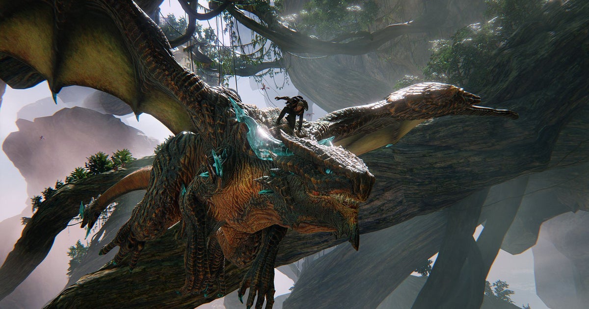 Konzeptbild aus dem eingestellten Xbox-Actionspiel Scalebound: Ein Krieger reitet auf einem Drachen durch eine Fantasy-Landschaft