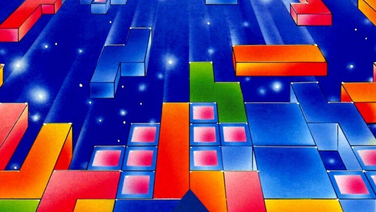 Classic Tetris illustration with colorful falling blocks against a starry sky