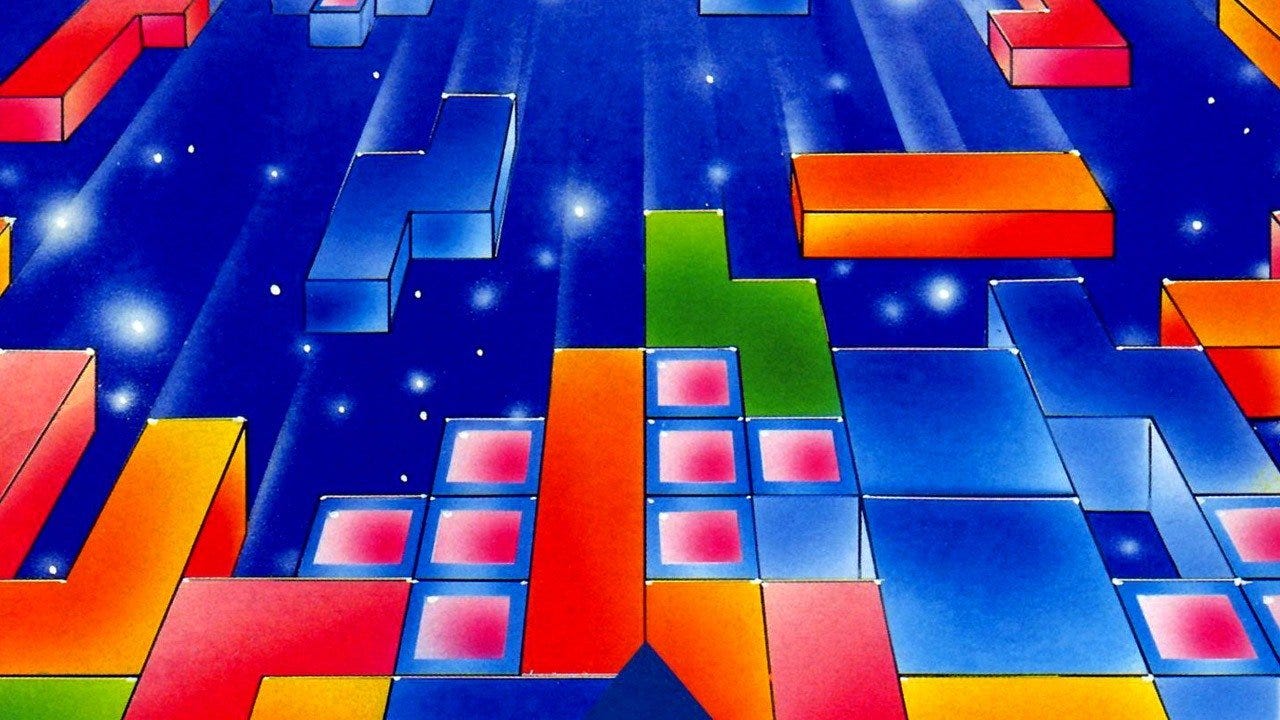 Classic Tetris illustration with colorful falling blocks against a starry sky