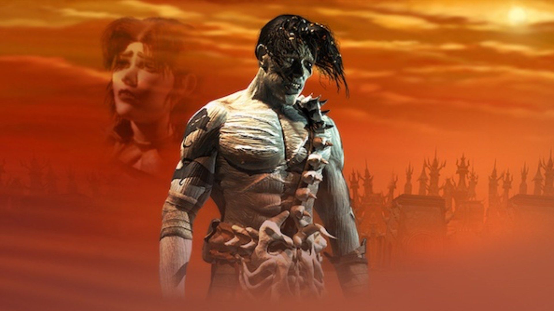 Der Nameless One, der vernarbte, unsterbliche Protagonist aus Planescape: Torment, vor den Türmen von Sigil