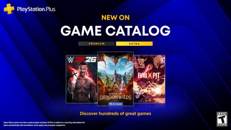 PlayStation Plus announcement graphic featuring the cover art for WWE 2K26, RuneScape: Dragonwilds, and Ball x Pit for the September catalog.