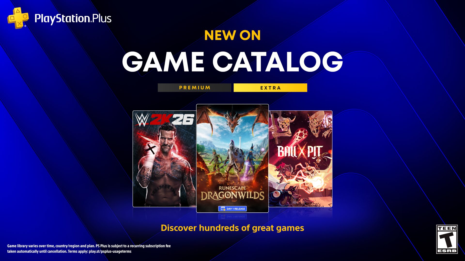 Ankuendigungsgrafik von PlayStation Plus mit den Cover-Motiven von WWE 2K26, RuneScape: Dragonwilds und Ball x Pit fuer den September-Katalog