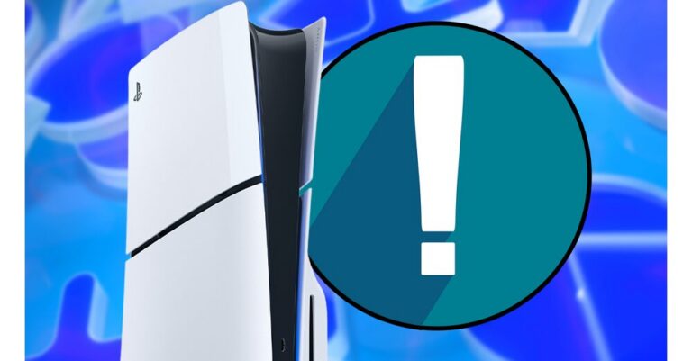 PS5 console with a warning icon, symbolizing the new firmware update 26.06-14.00.00