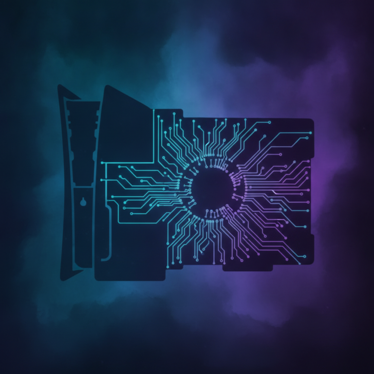 Abstrakte KI-Illustration einer futuristischen Spielkonsolen-Silhouette mit leuchtenden Schaltkreismustern in Türkis und Violett, symbolisch für Next-Gen-Hardware-Gerüchte