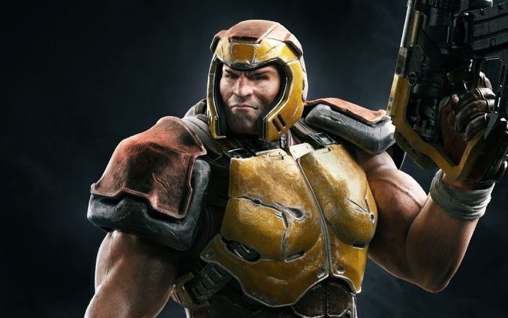 Key-Art zu Quake Champions zeigt mehrere Champions in Kampfpose vor dunklem Hintergrund