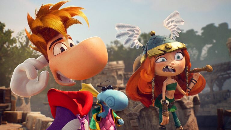 Rayman, Globox und eine Barbarian-Figur in einer Szene aus Rayman Legends Retold