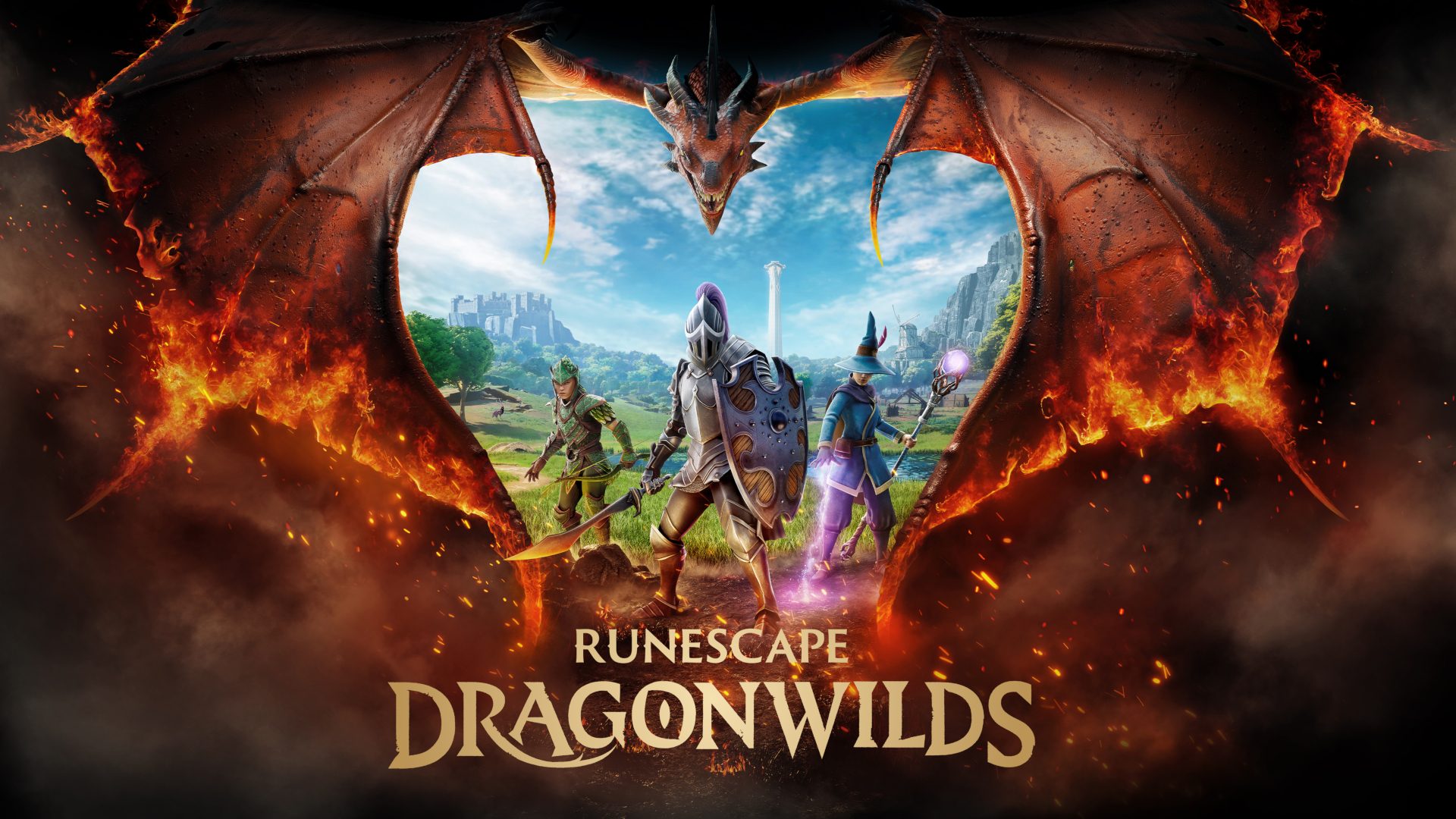 Offizielles Artwork zu RuneScape: Dragonwilds mit drei Abenteurern vor einem Drachen